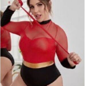 Red and Black Sheer Women's Bodysuit